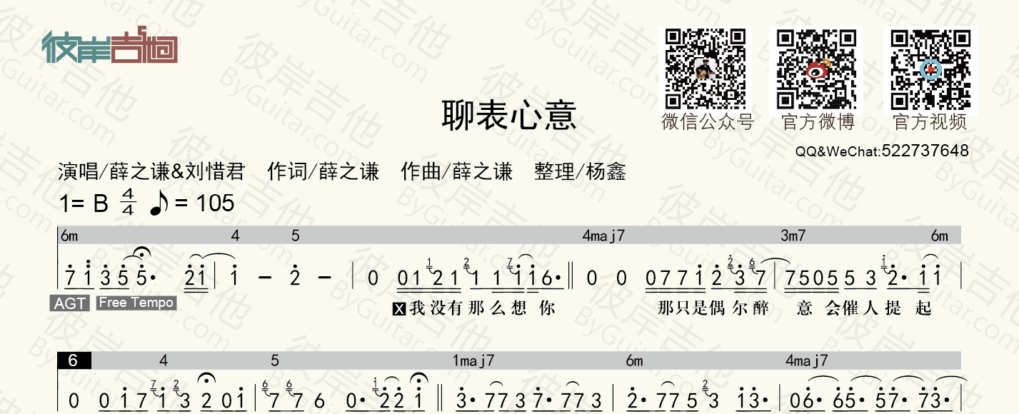 薛之谦 刘惜君《聊表心意(和弦功能谱 简谱歌词-老杨教吉他》吉他谱