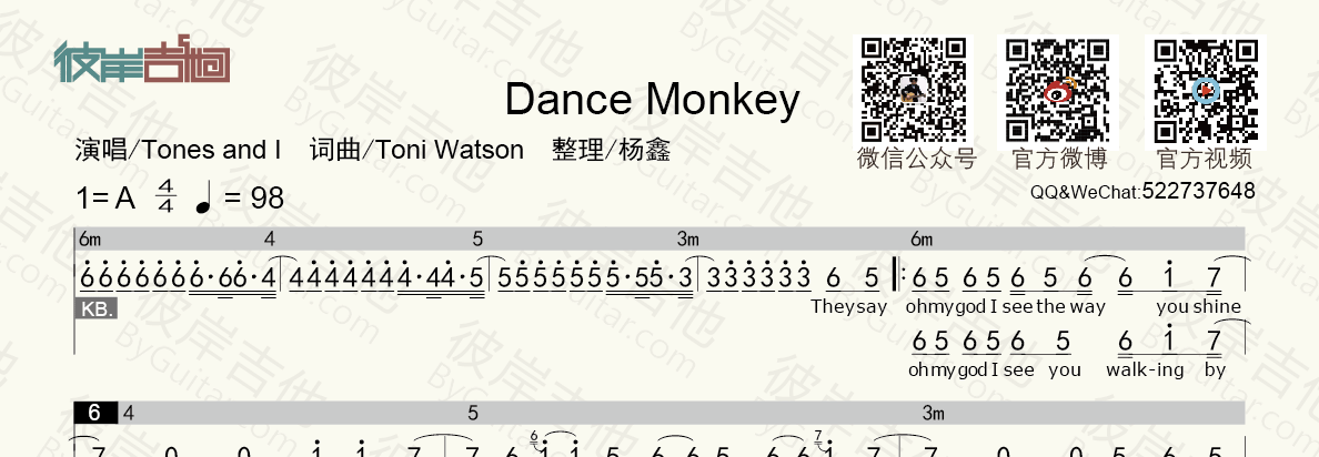 dance monkey(和弦功能谱 简谱歌词)-老杨教吉他 吉他谱