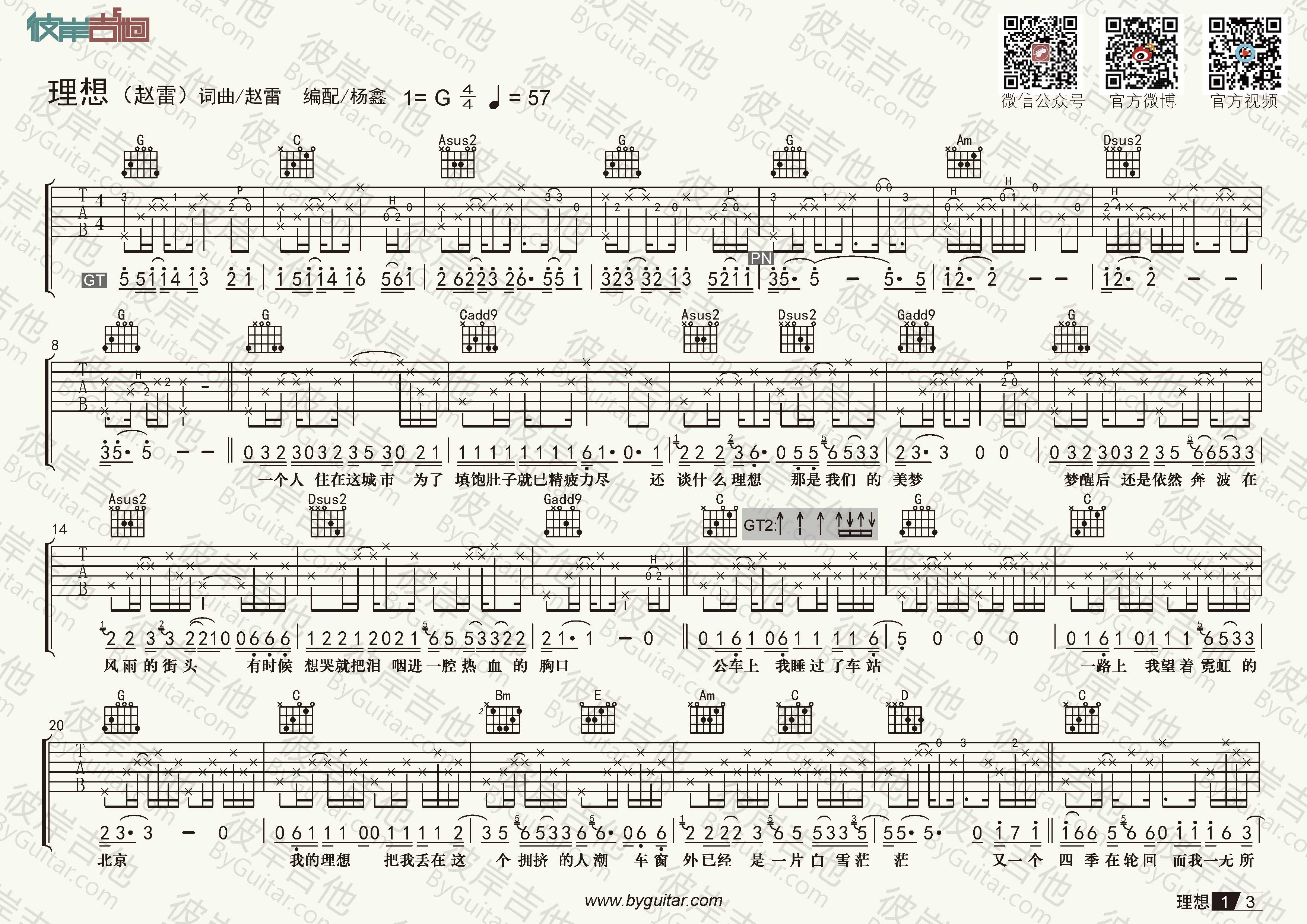 赵雷理想彼岸杨鑫编配高清版吉他谱