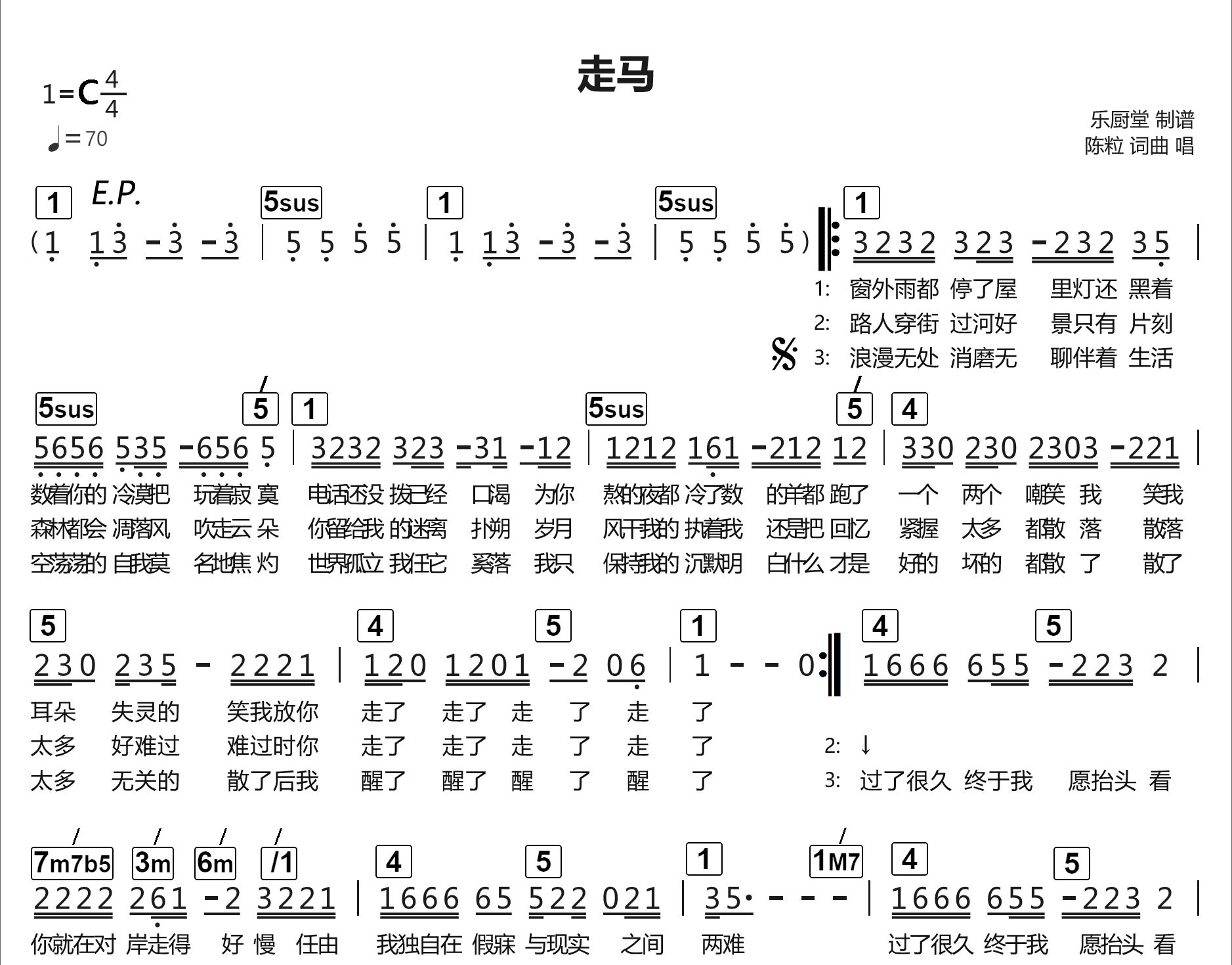 陈粒走马标准乐队伴奏总谱吉他谱