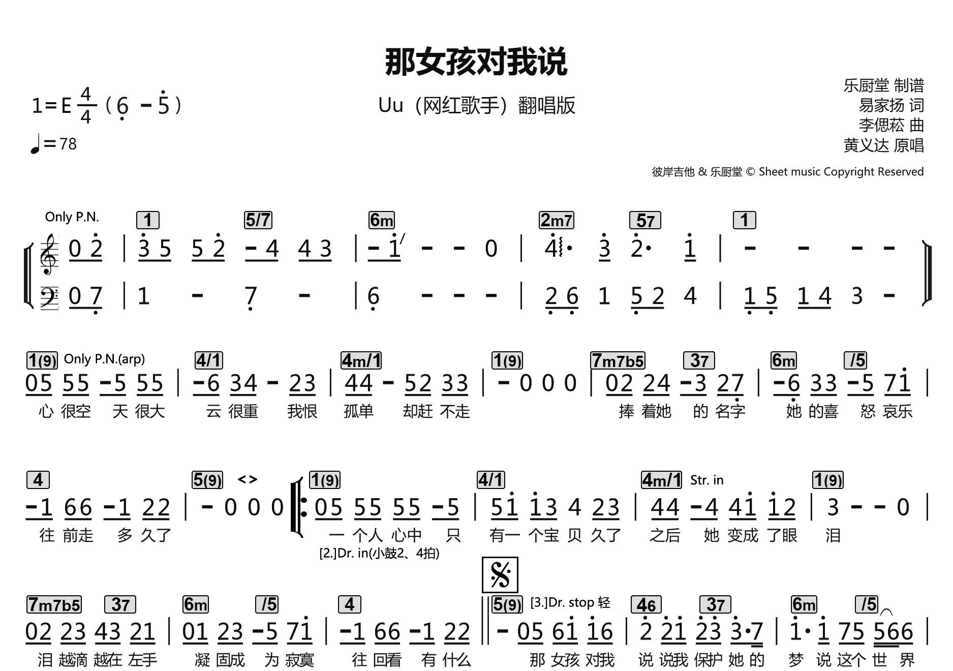 黄义达《那女孩对我说 标准乐队伴奏总谱》吉他谱