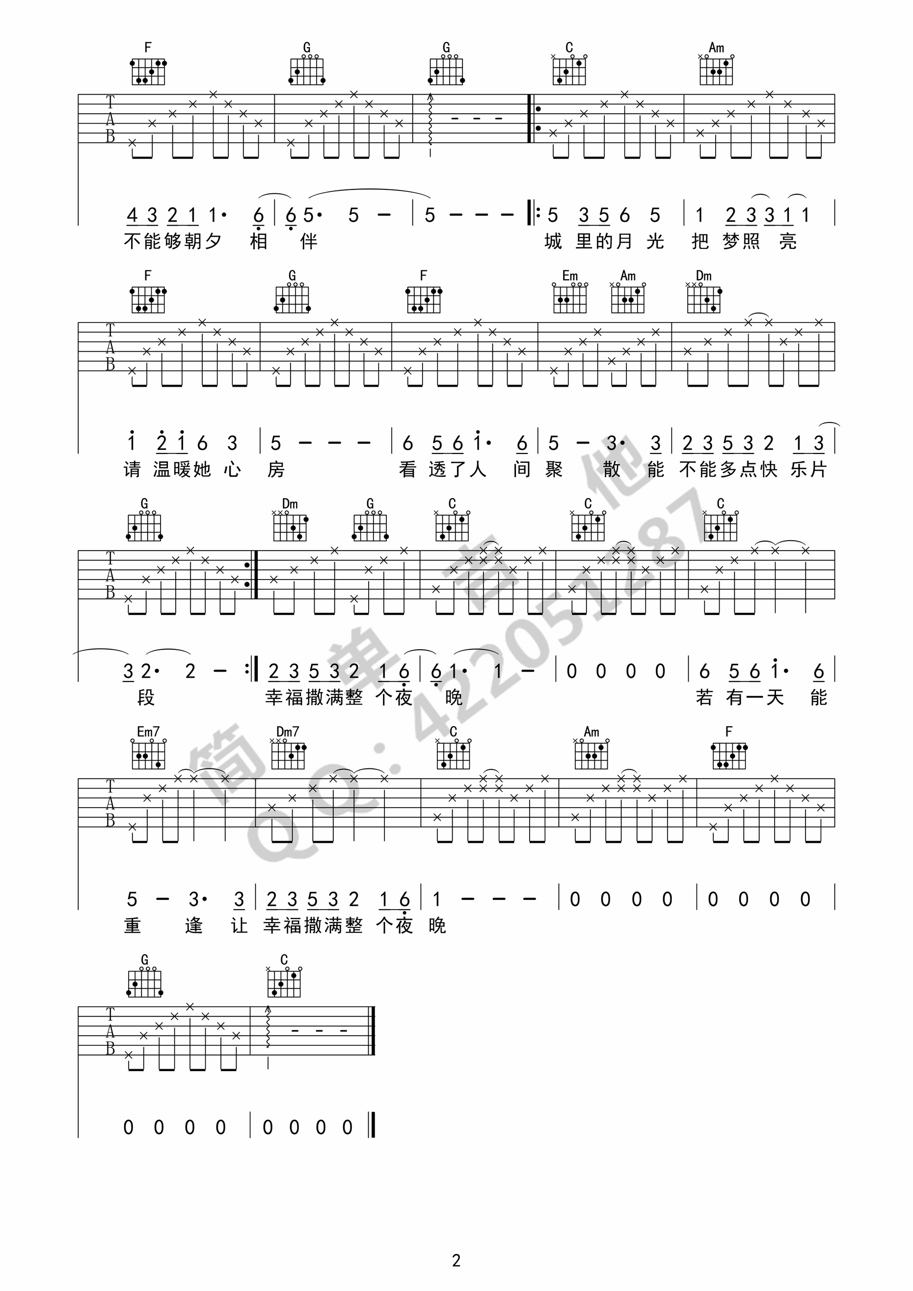 城里的月光吉他谱许美静c调简单版吉他谱