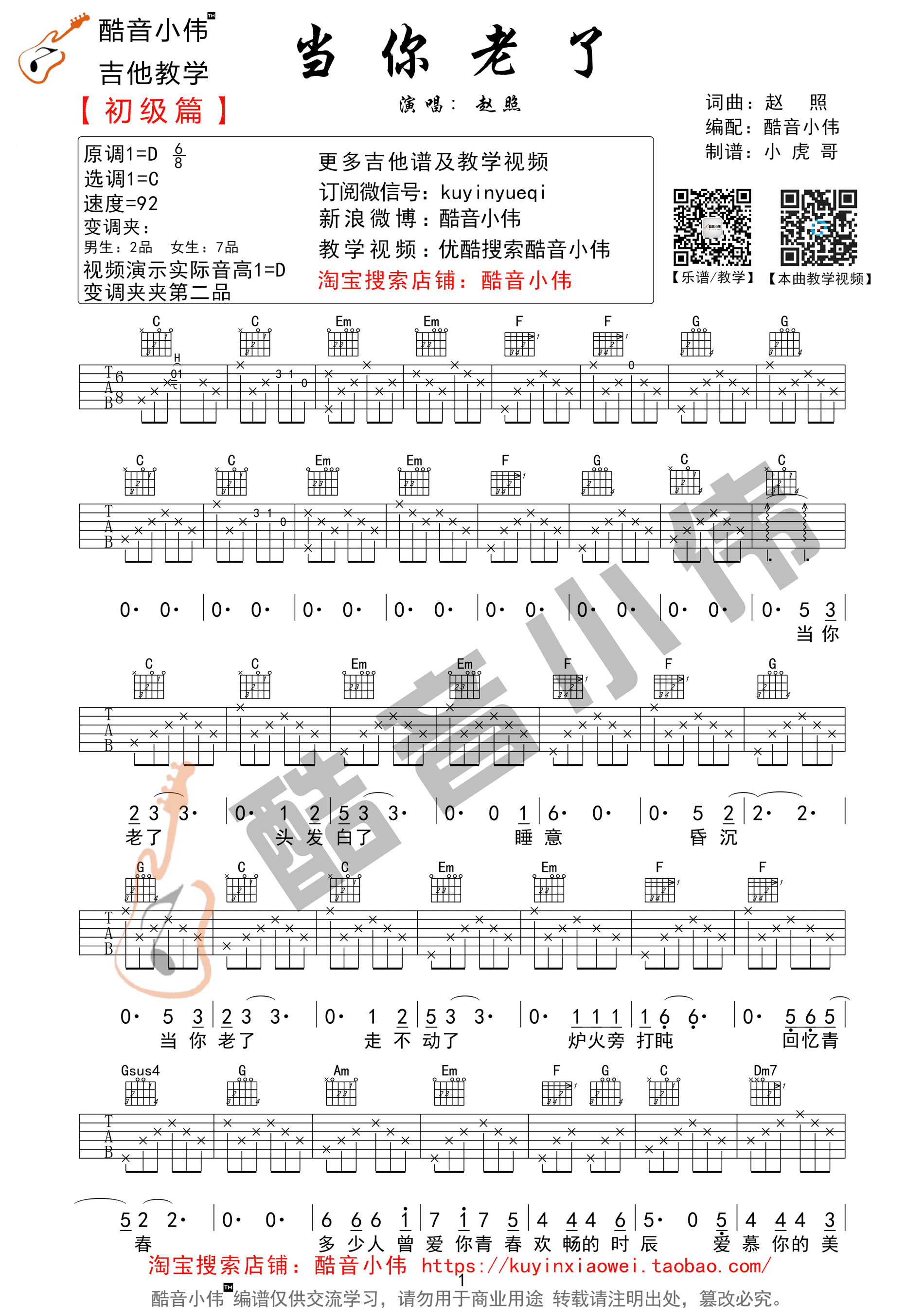 赵照当你老了吉他谱赵照c调吉他弹唱教学吉他谱