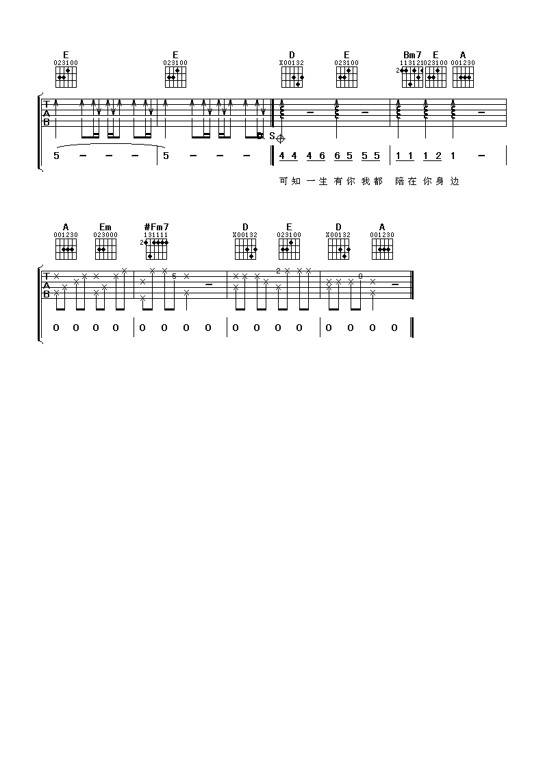 水木年华《水木年华 一生有你吉他谱六线谱 a调》吉他谱