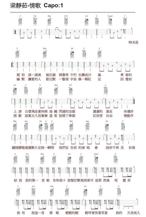 情歌-梁静茹-ukulele弹唱谱 吉他谱