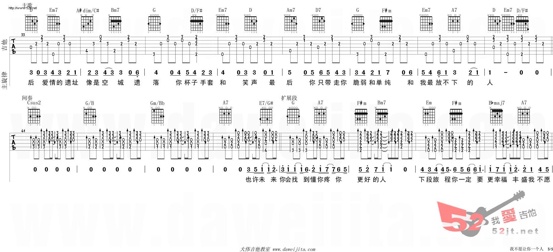 我不愿让你一个人 版吉他谱视频 吉他谱