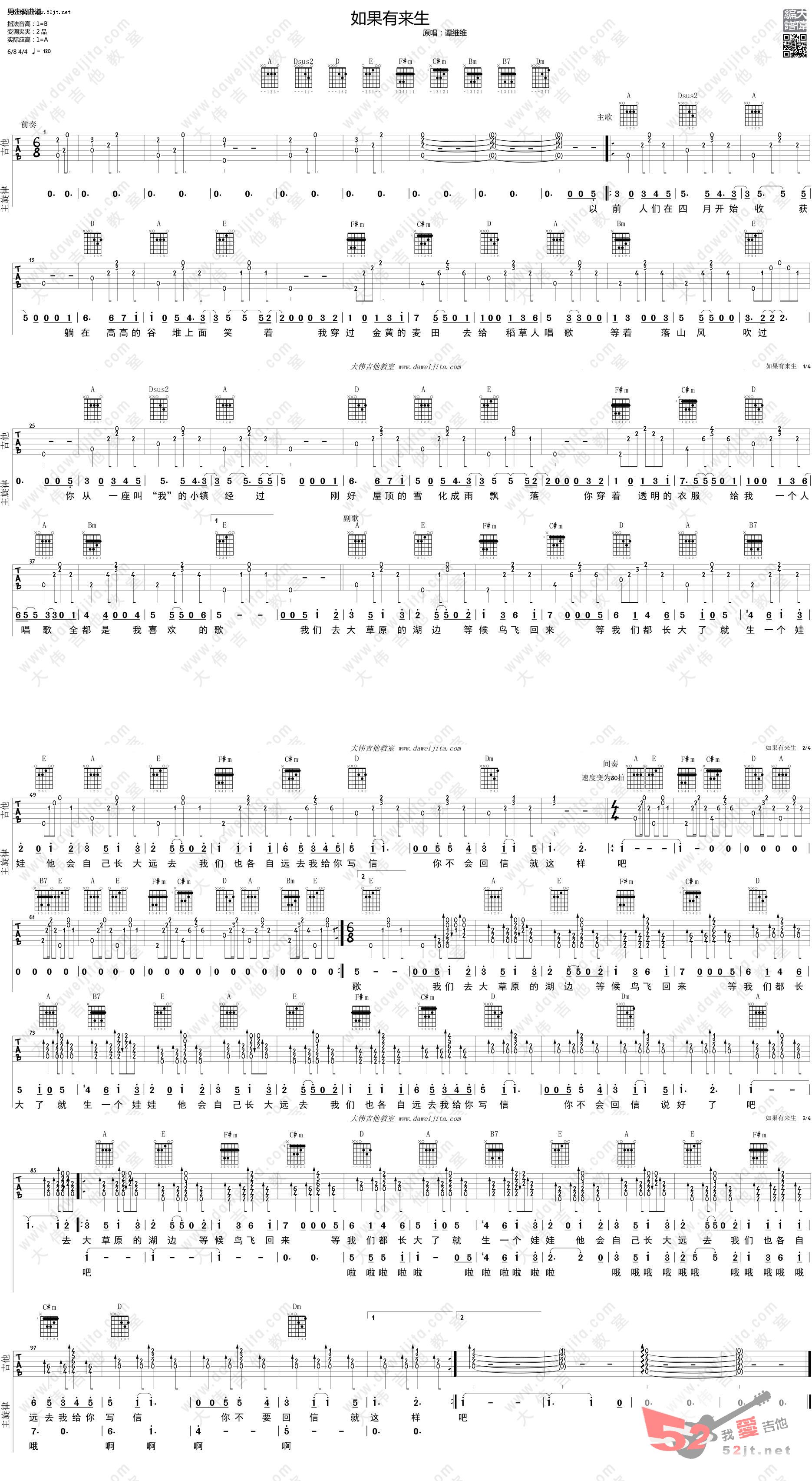 如果有来生吉他谱 谭维维-彼岸吉他 - 一站式吉他爱好