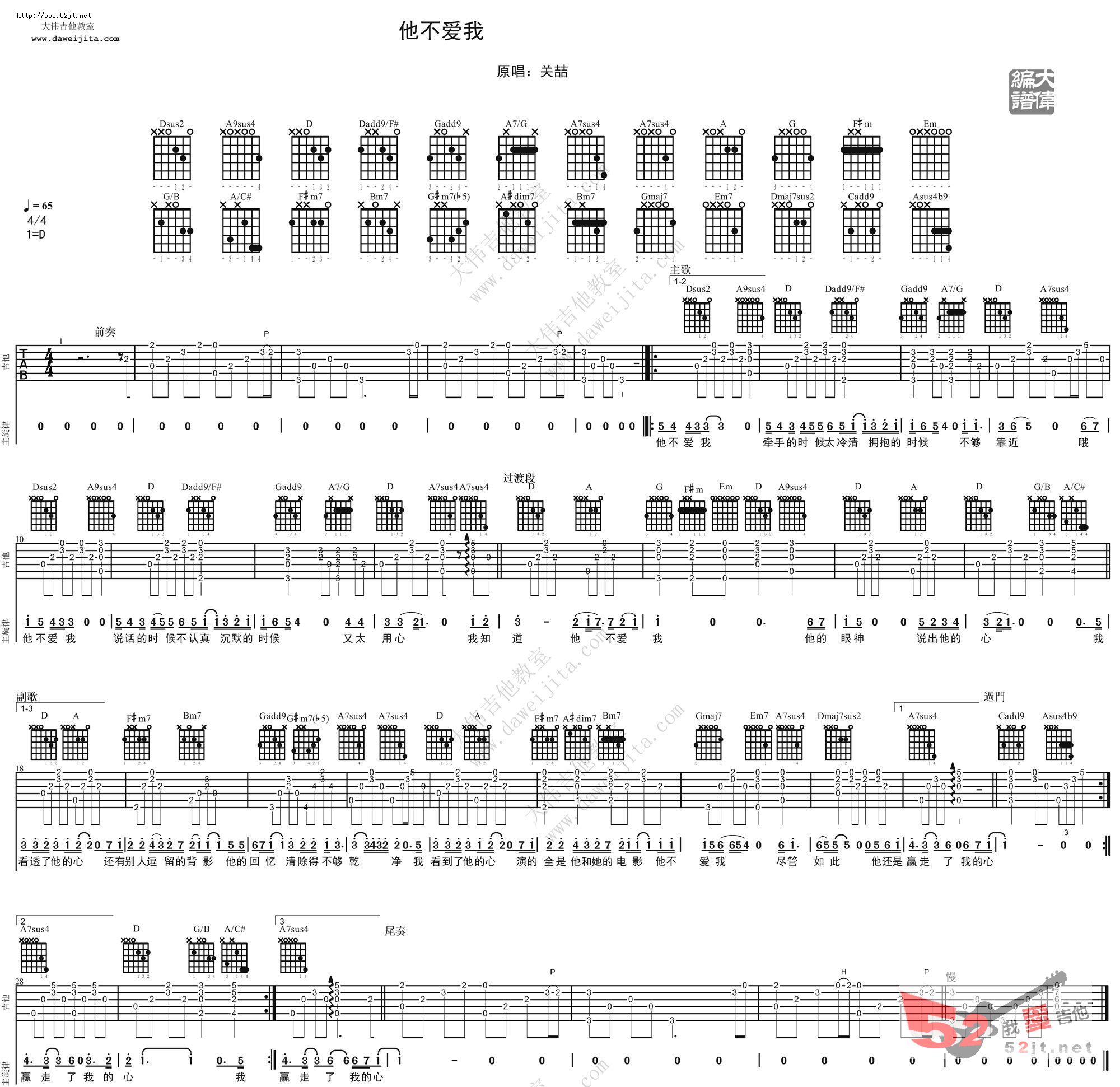 他不爱我 关喆版吉他谱视频 吉他谱