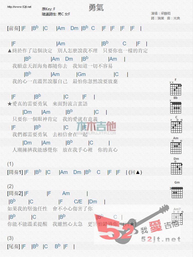 勇气经典弹唱吉他谱