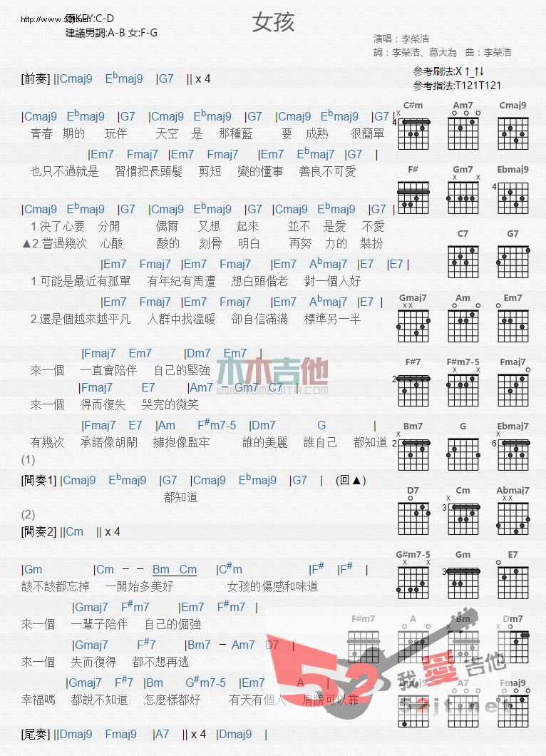 流行弹唱 《女孩 简单版》吉他谱 浏览/8287  《女孩 简单版》吉他谱