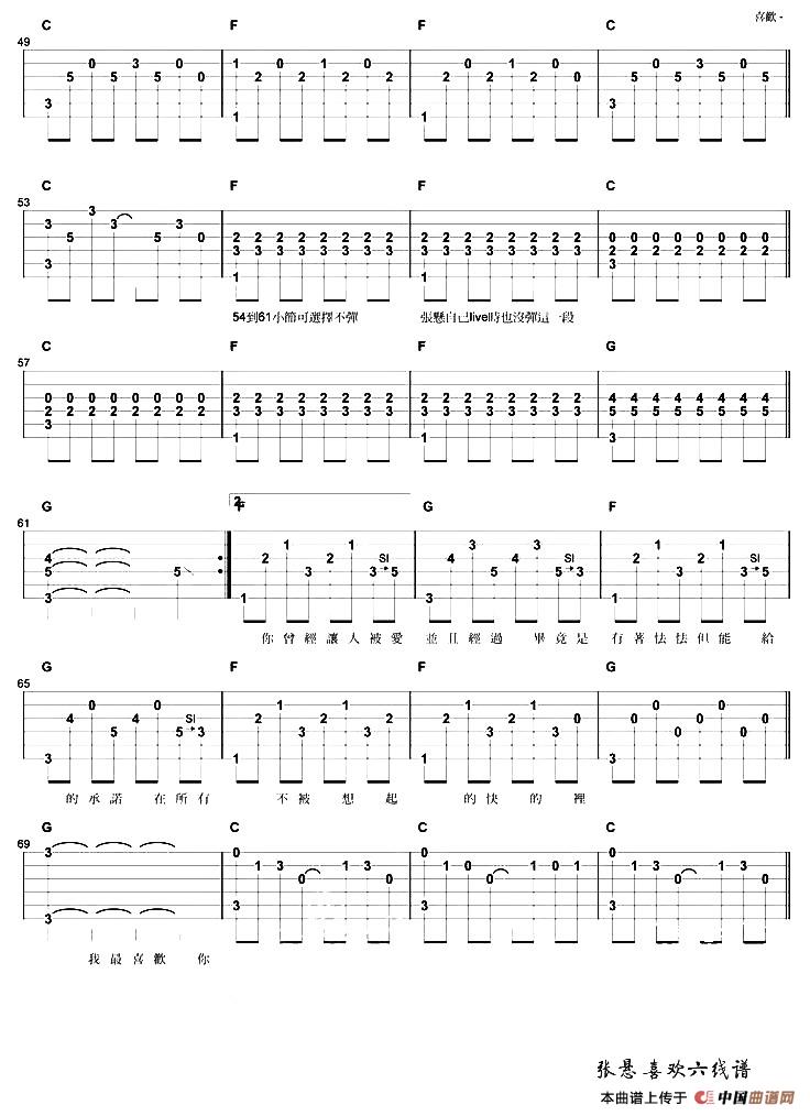 张悬喜欢张悬演唱版吉他谱