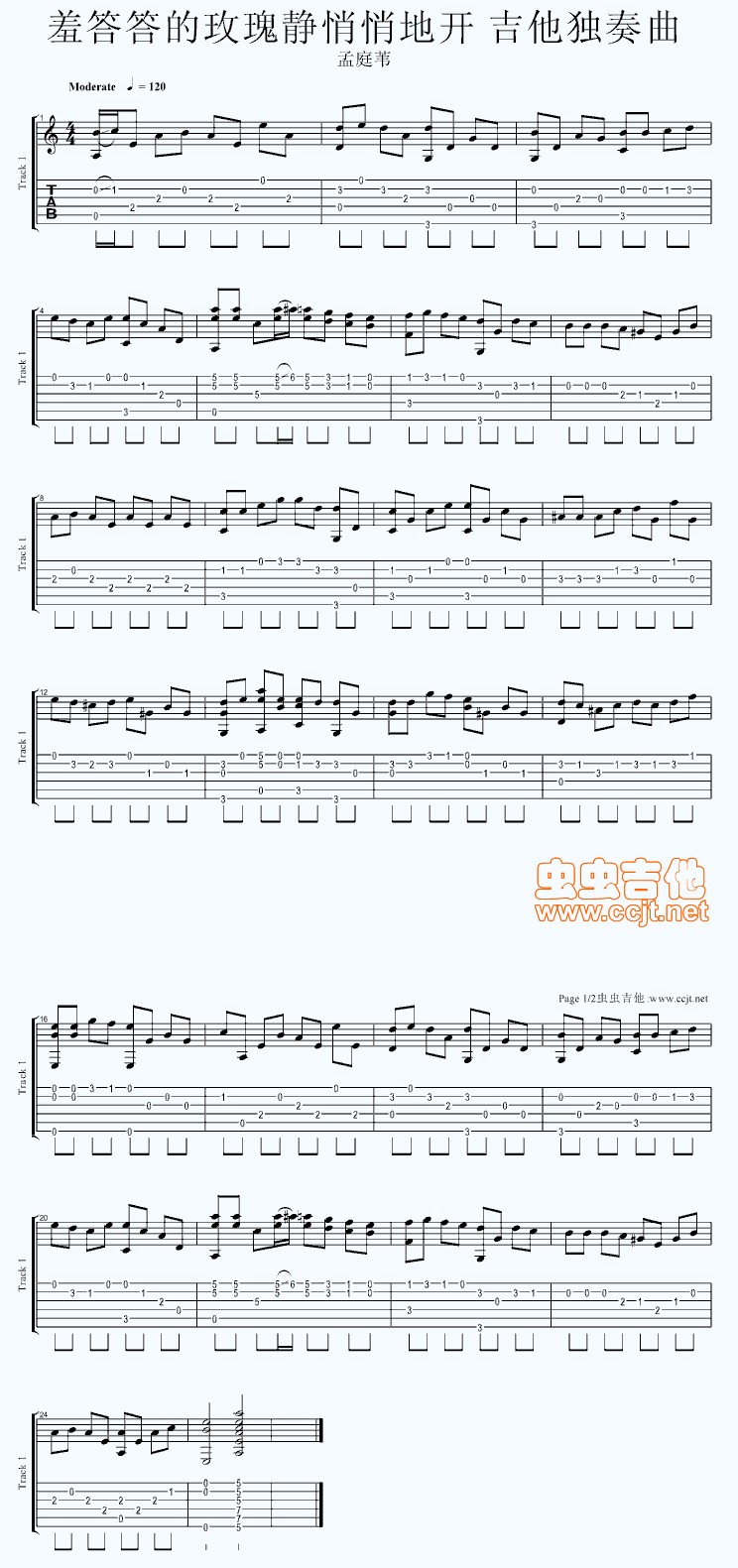 孟庭苇羞答答的玫瑰静悄悄地开独奏曲吉他谱