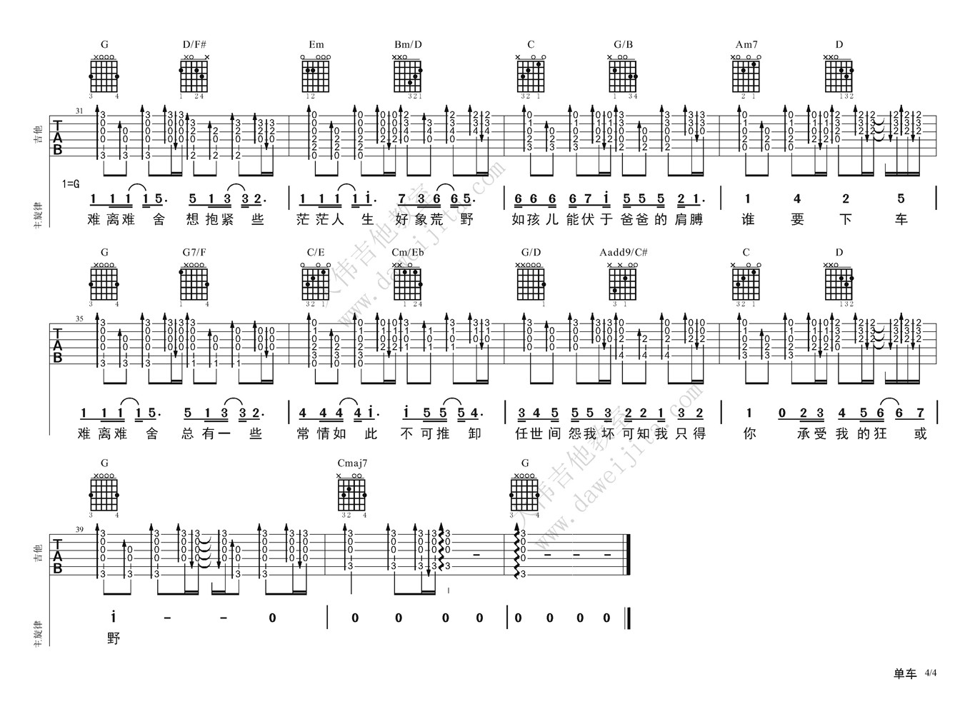 《陈奕迅《单车》吉他谱 》吉他谱