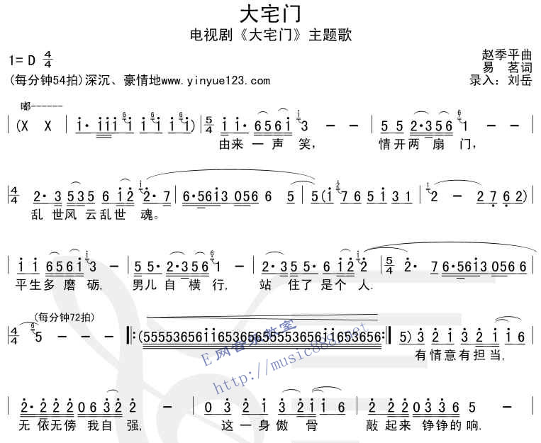 《大宅门-同名主题歌(影视简谱)》吉他谱