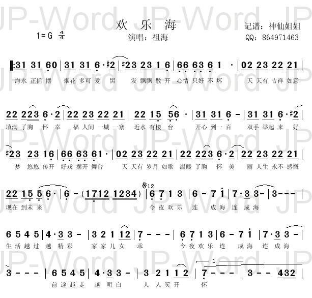《欢乐海-祖海(简谱)》吉他谱