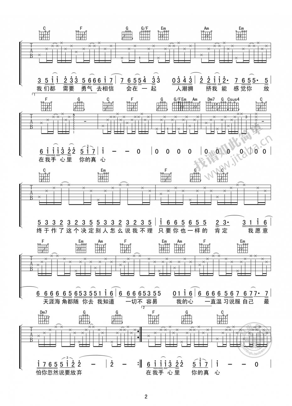 《梁静茹 勇气吉他谱c调_勇气图片谱高清版》吉他谱