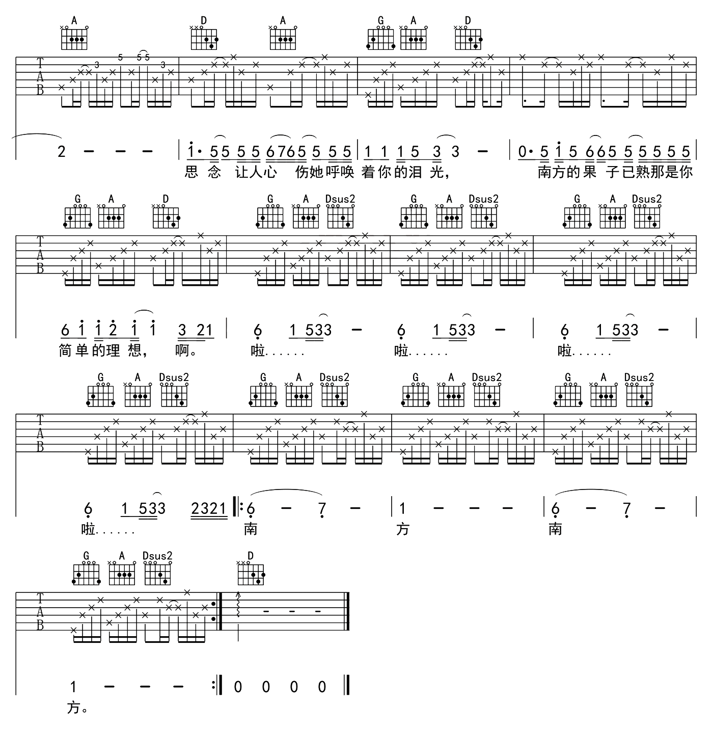 《赵雷《南方姑娘》吉他谱_d调指法伴奏版》吉他谱