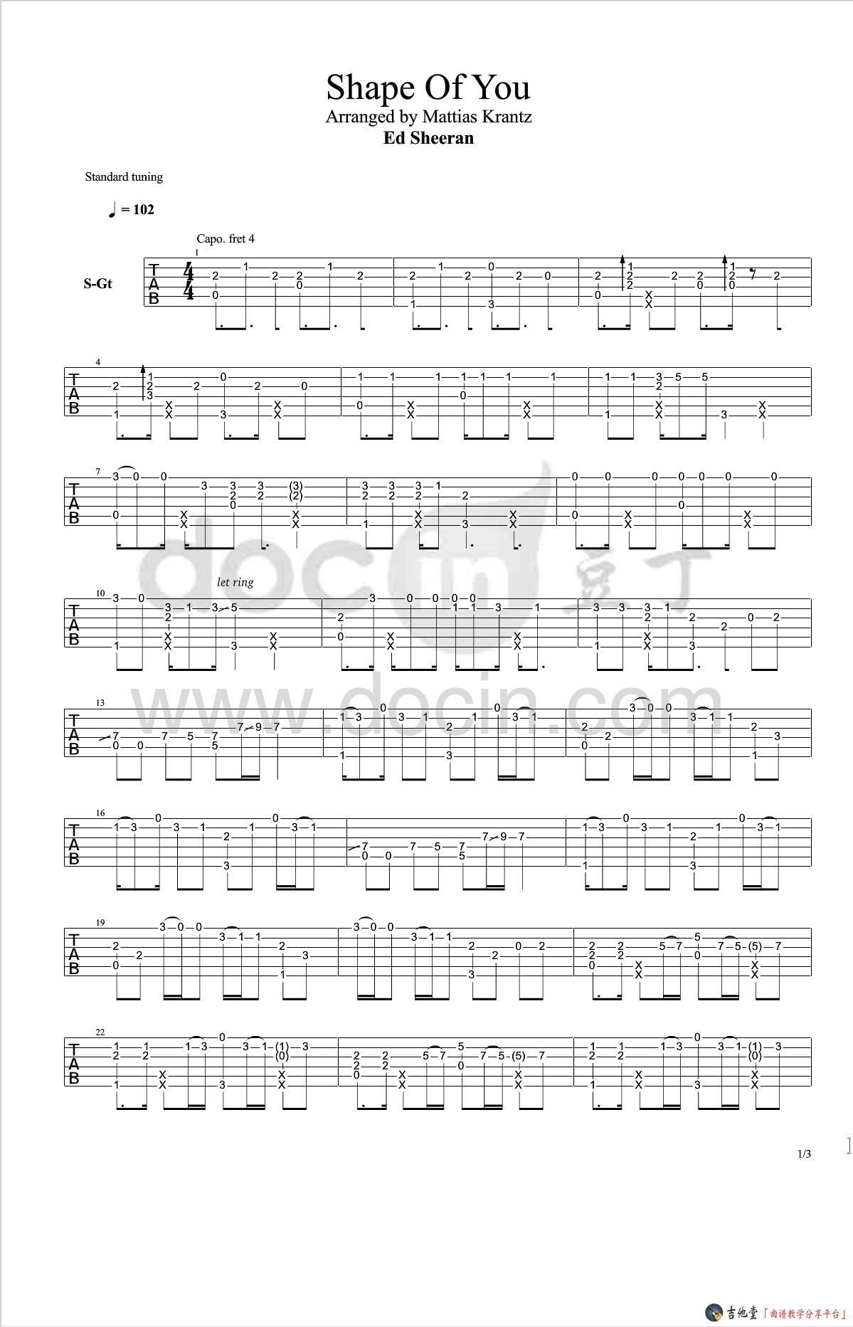 ed sheeran《shape of you》吉他指弹独奏谱_视频示范 吉他谱