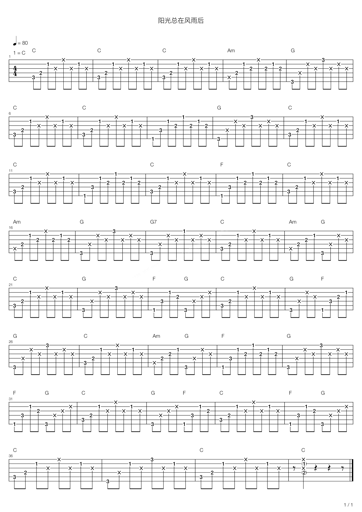 《阳光总在风雨后》吉他谱